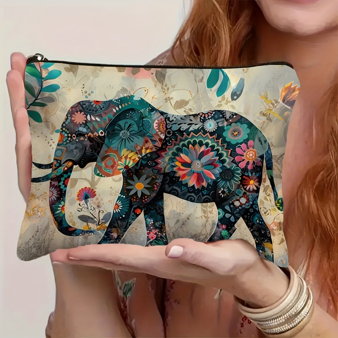 Image of Bohemian Style Elephant Polyester Travel Makeup Bag With Zipper - Lightweight Foldable Travel Cosmetic Bag And Women's Toiletry Storage Bag - Perfect Gift For And Teachers