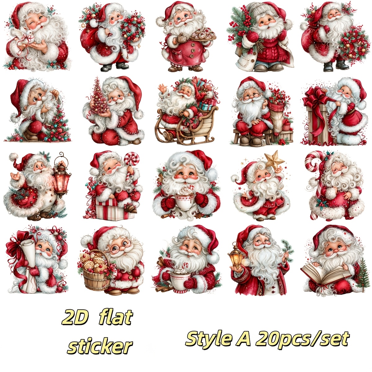 TEMU 20pcs/set 2d Flat Stickers, Vintage Watercolor Santa Claus Stickers, Crafts, Scrapbooks, Travel Bags, Laptops, Guitars, Skateboards, Suitcases,