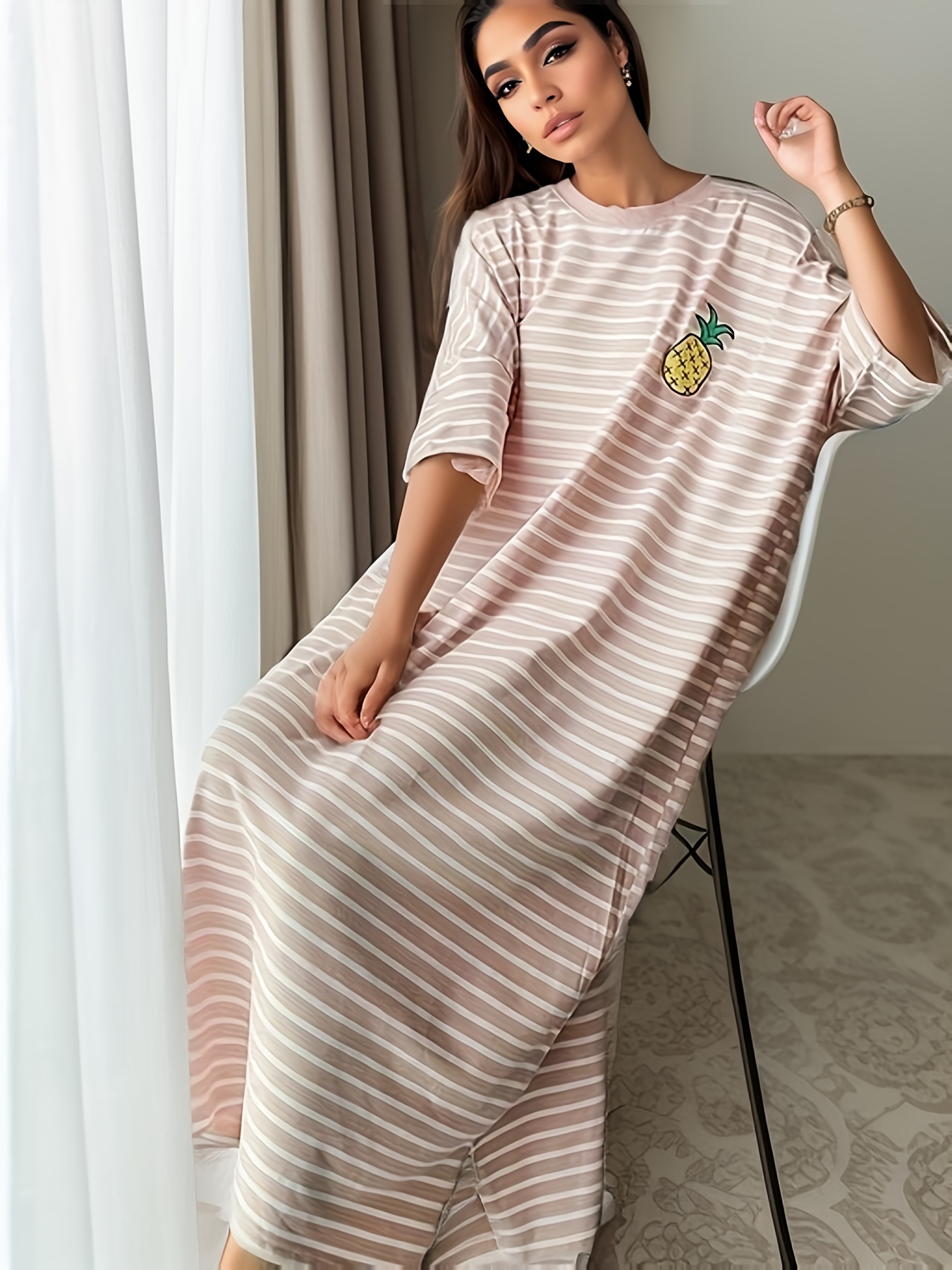 women simple striped short sleeve maxi t shirt dress - Temu United Arab  Emirates