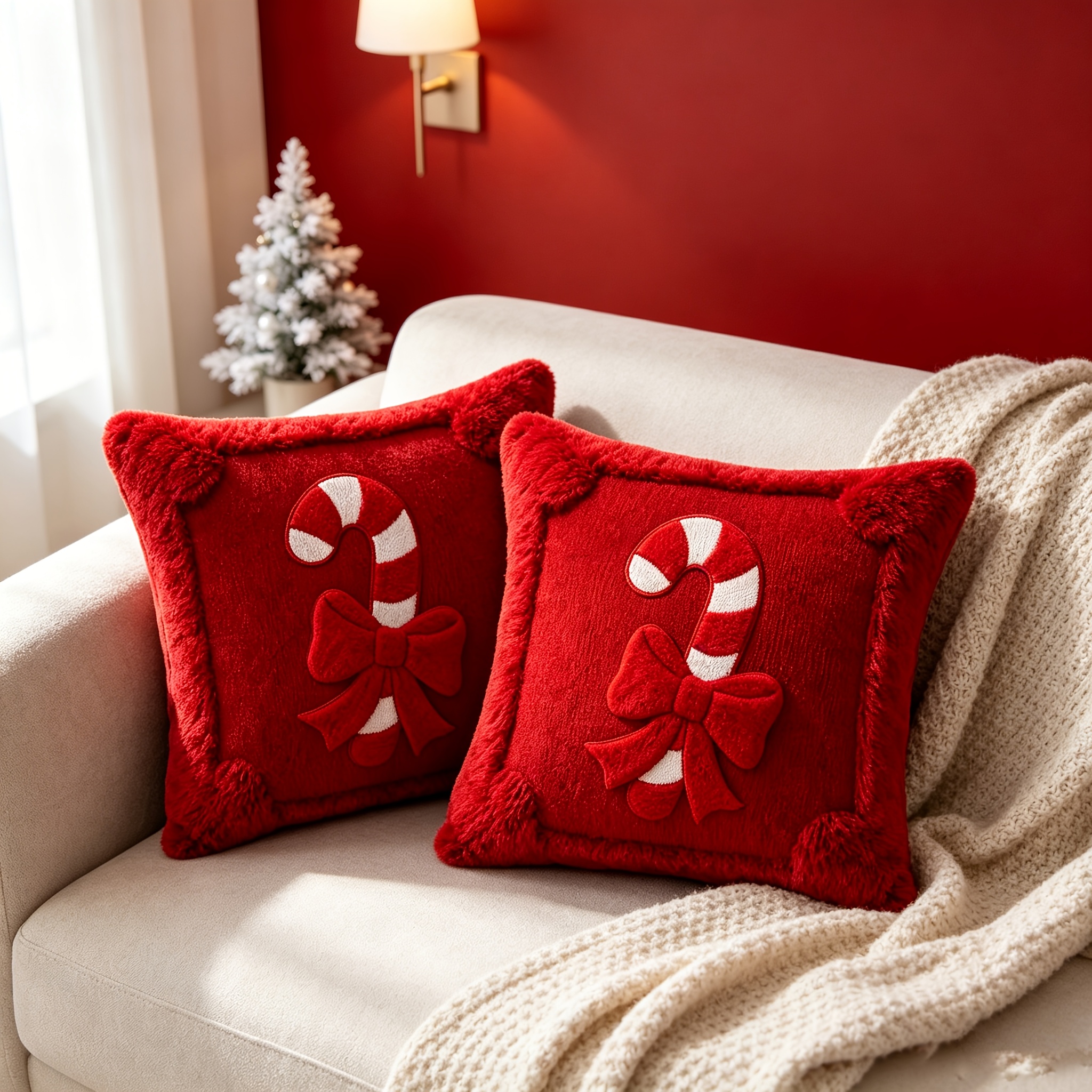 TEMU 2 3d Jacquard Embroidered Christmas Candy Plush Throw Covers, 18x18 Inches. Soft And Comfortable Christmas Large Candy Bow Decorative Throw