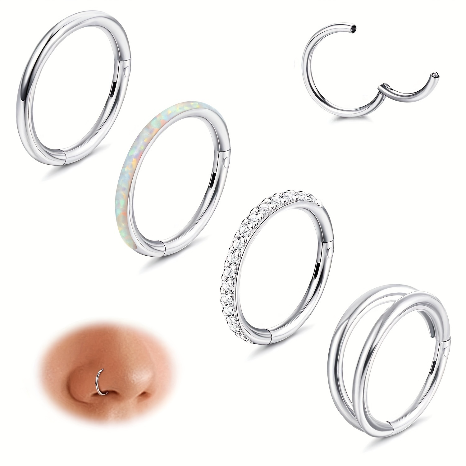 

18g 16g Surgical Steel Nose Ring, Female Nose Ring, Opal, Cz Spacer, , Hinged Nose Ring, Lip Spiral Conch, White Nose Piercing Jewelry 8mm, 10mm