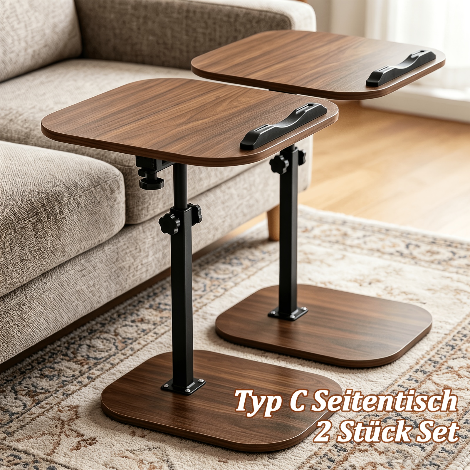TEMU 2pcs Adjustable Mobile Side Table , Space-saving Computer Workstation With Storage, Stable Durable Golden Metal And Hardwood Construction For
