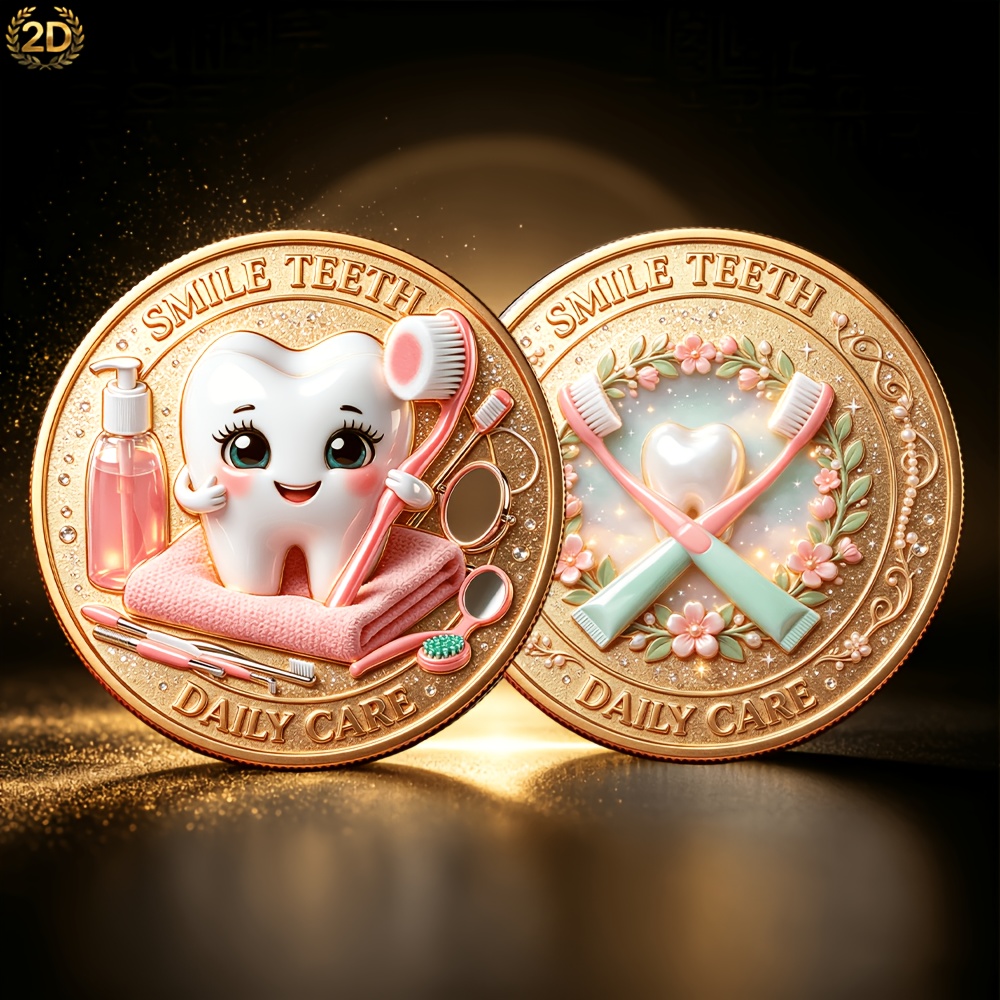 TEMU Pièce commémorative 2D Cartoon Cute Toothbrush pour soins bucco-dentaires, pièce ronde en de 4 cm de diamètre, 'S Fun Dental Science Creative,