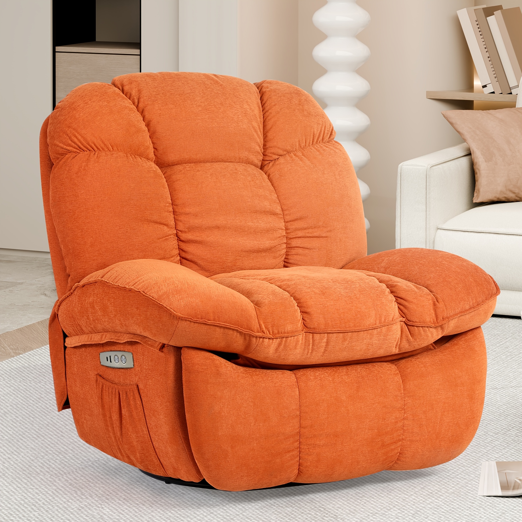 Modern Upholstered Power Massage Chair, 270° Swivel 30° Glider Recliner With Vibration Massage, Dual Usb-c Usb Ports, Side Storage, Auto-return Backrest, 350 Lbs Weight For Living Room