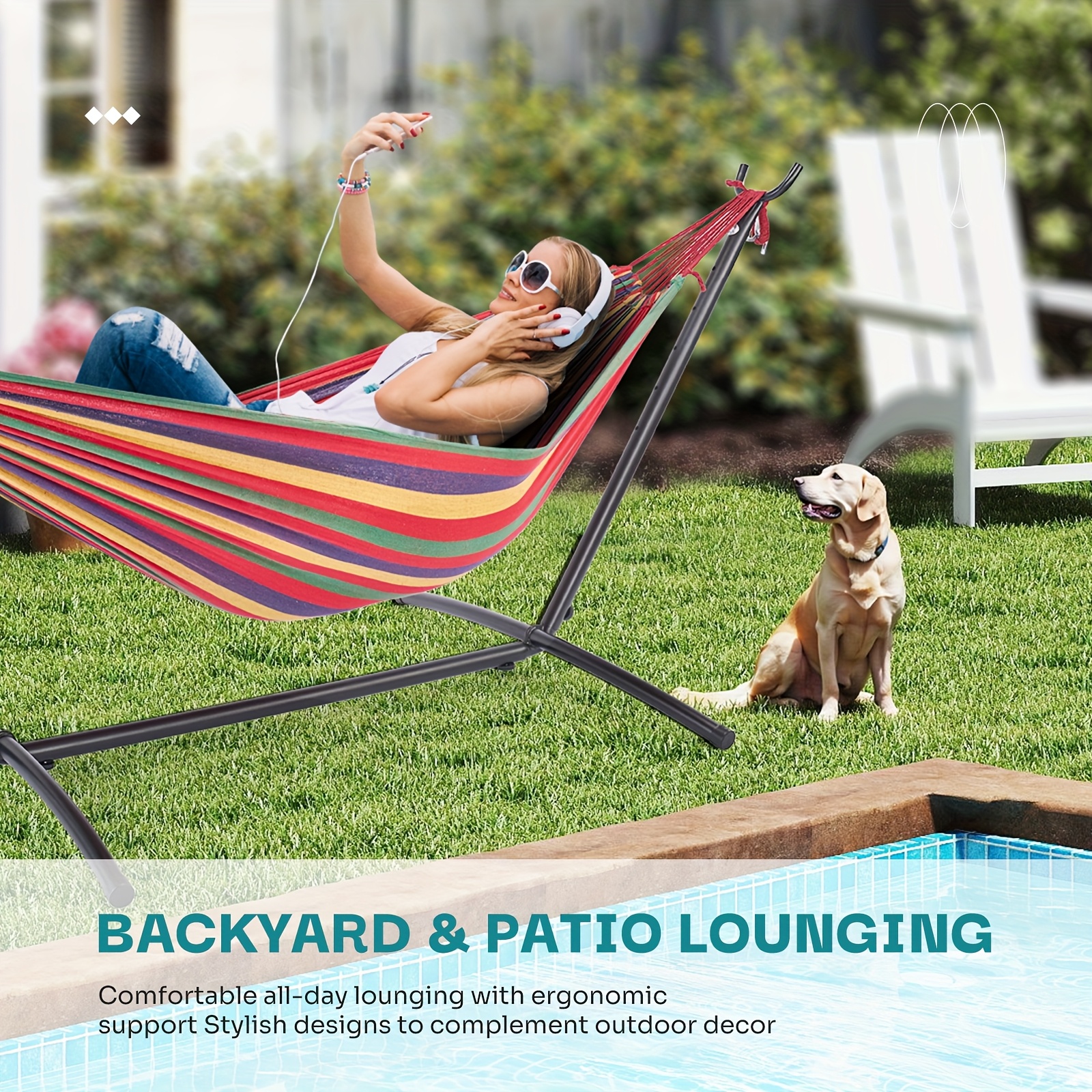 double hammock with space saving stand heavy duty   portable for outside indoor use 450lbs capacity easy assembly carrying bag included colorful stripes Product details 0