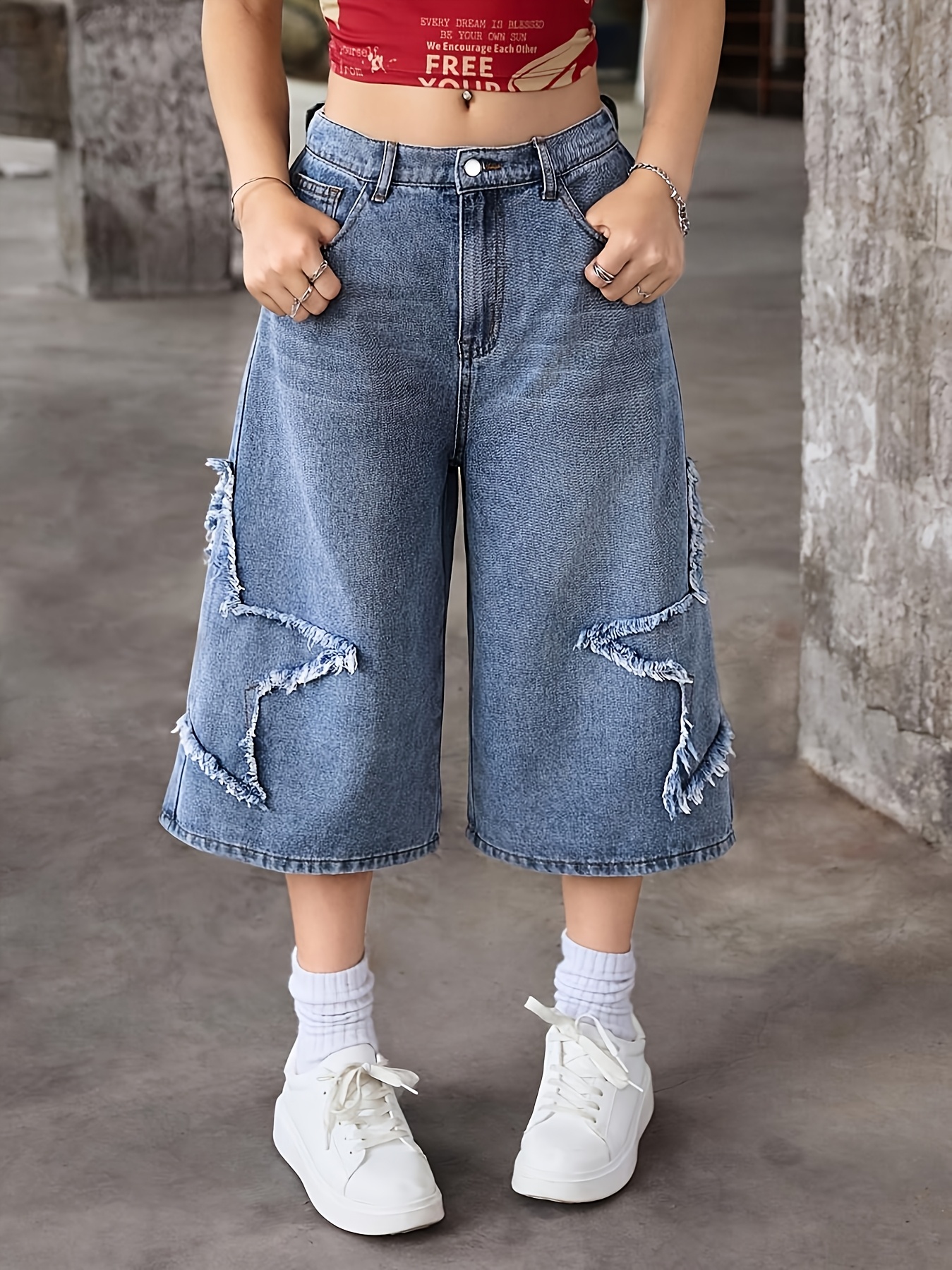 Cute Bermuda Shorts Women'S Elegant Loose-* Embroidered Denim