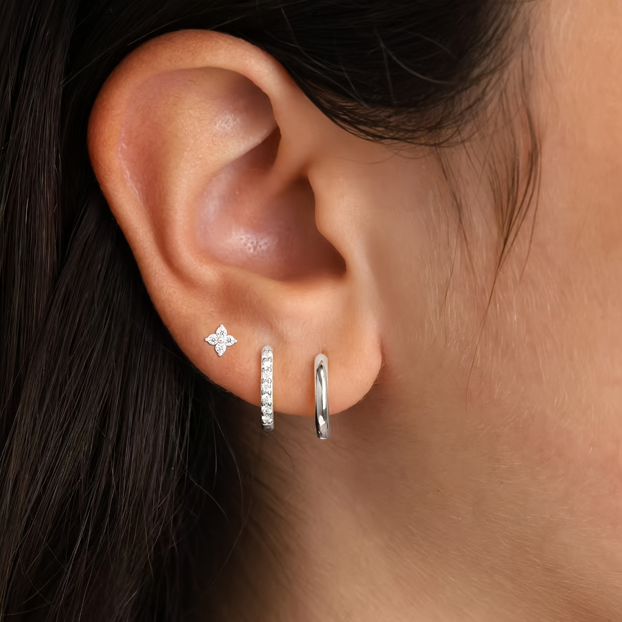 TEMU Women's Fashion Hoop Earrings, Single Hoop Set With Ear Cuffs, Simple Helix Studs Suitable For Women