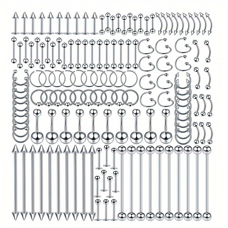 

150 Pcs Stainless Steel Body Piercing Jewelry Kit - Nose, Lip, Tongue, Belly Button, Cartilage, Industrial Barbell Rings - Hypoallergenic And Durable