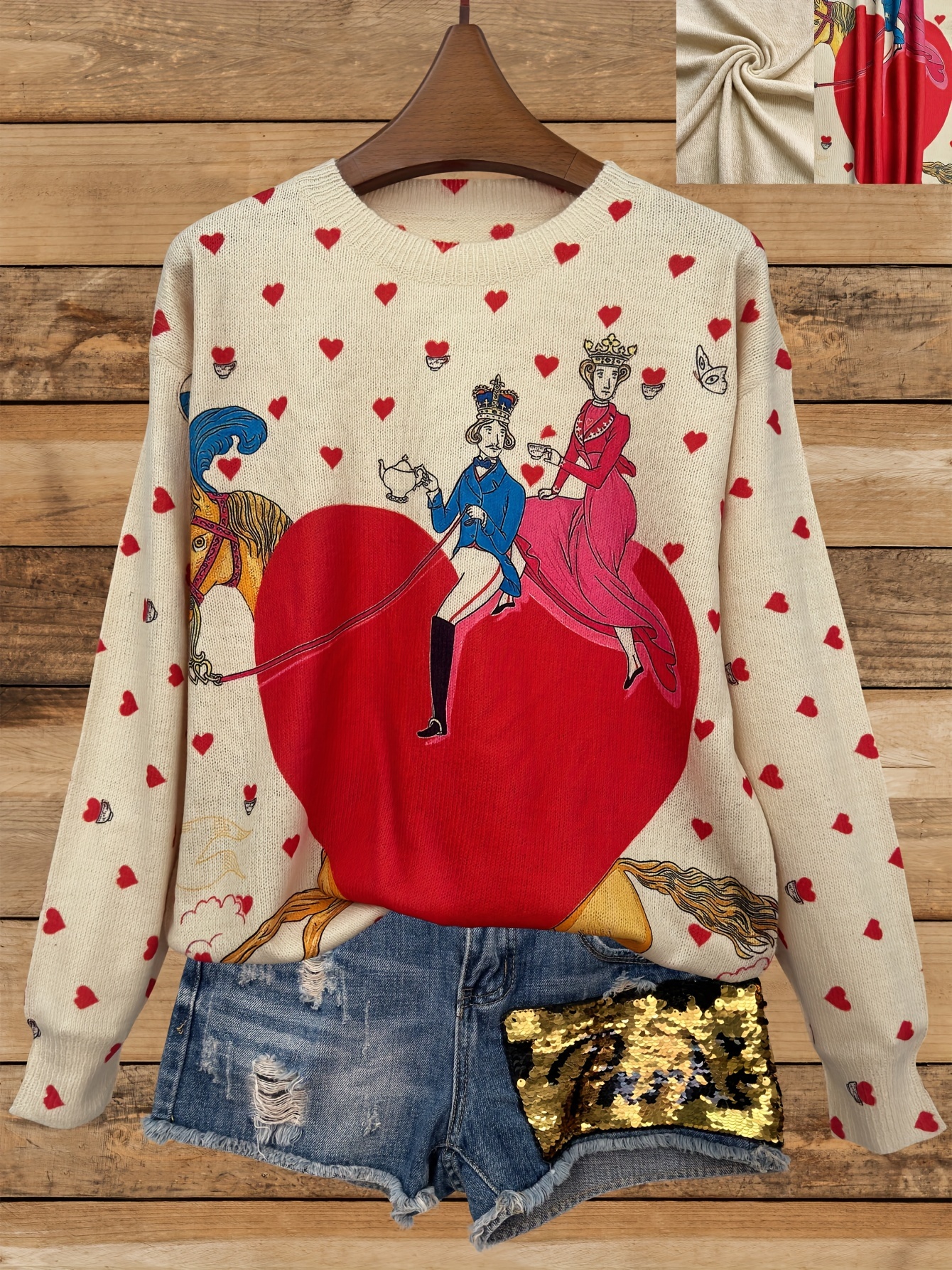 Women'S Lightweight Sweater Beige Red Heart Royal Couple Design, Long  Sleeve Round Neck Pullover for Everyday Formal Events Casual C