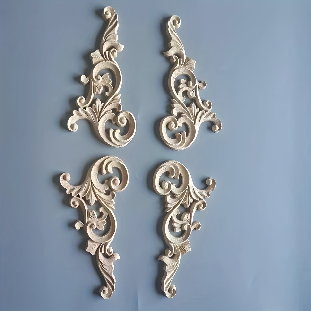 

Set Of 4 Contemporary Wood Carved Onlay Appliques For Cabinet Wardrobe Wall Decor - Elegant Floral Swirl Design Stickers