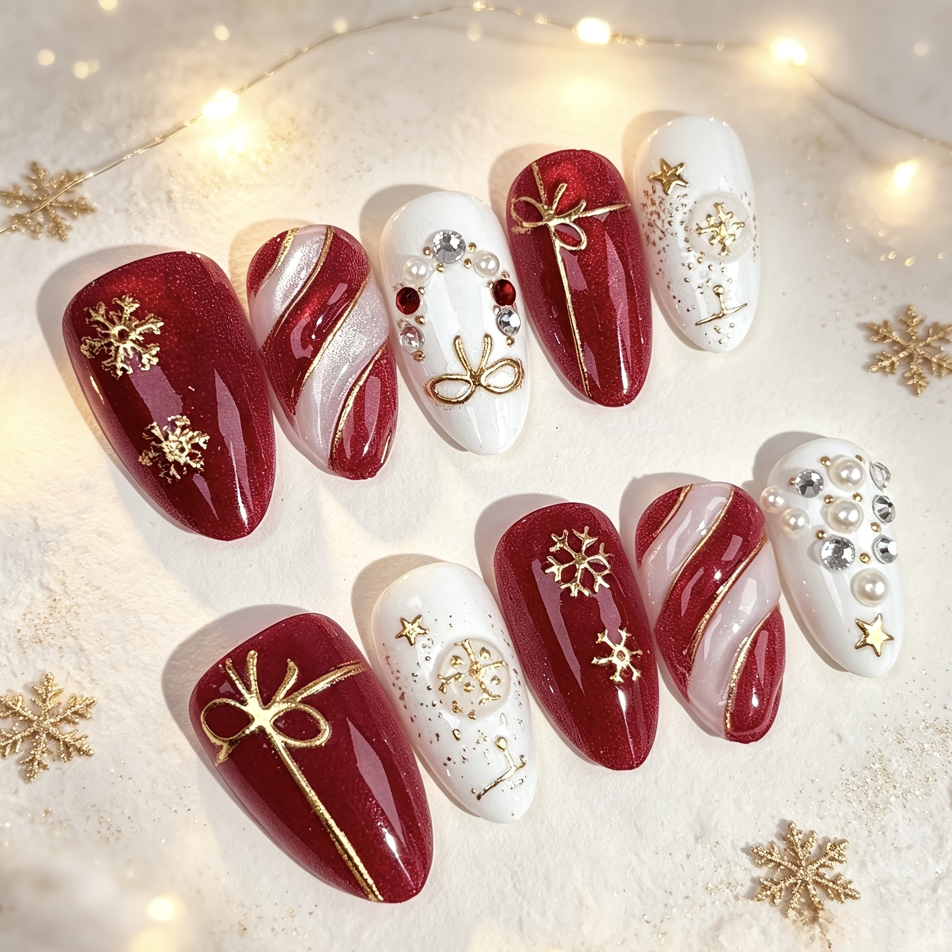 TEMU 10pcs Danartlux Women' Almond Press On Nails Burgundy Red Glitter With 3d Golden Bows, Snowflake Rhinestone & Marble Suitable For Christmas Fake