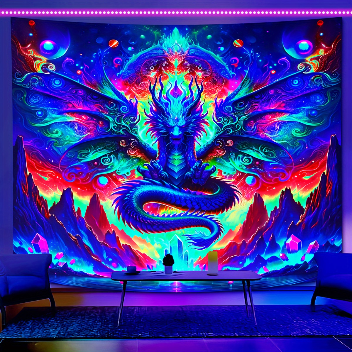 

1pc Uv Blacklight Fluorescent Dragon Tapestry - Fantasy Woven Polyester Indoor Wall Hanging For Living Room, Bedroom, Dorm Decor With Free Installation Kit