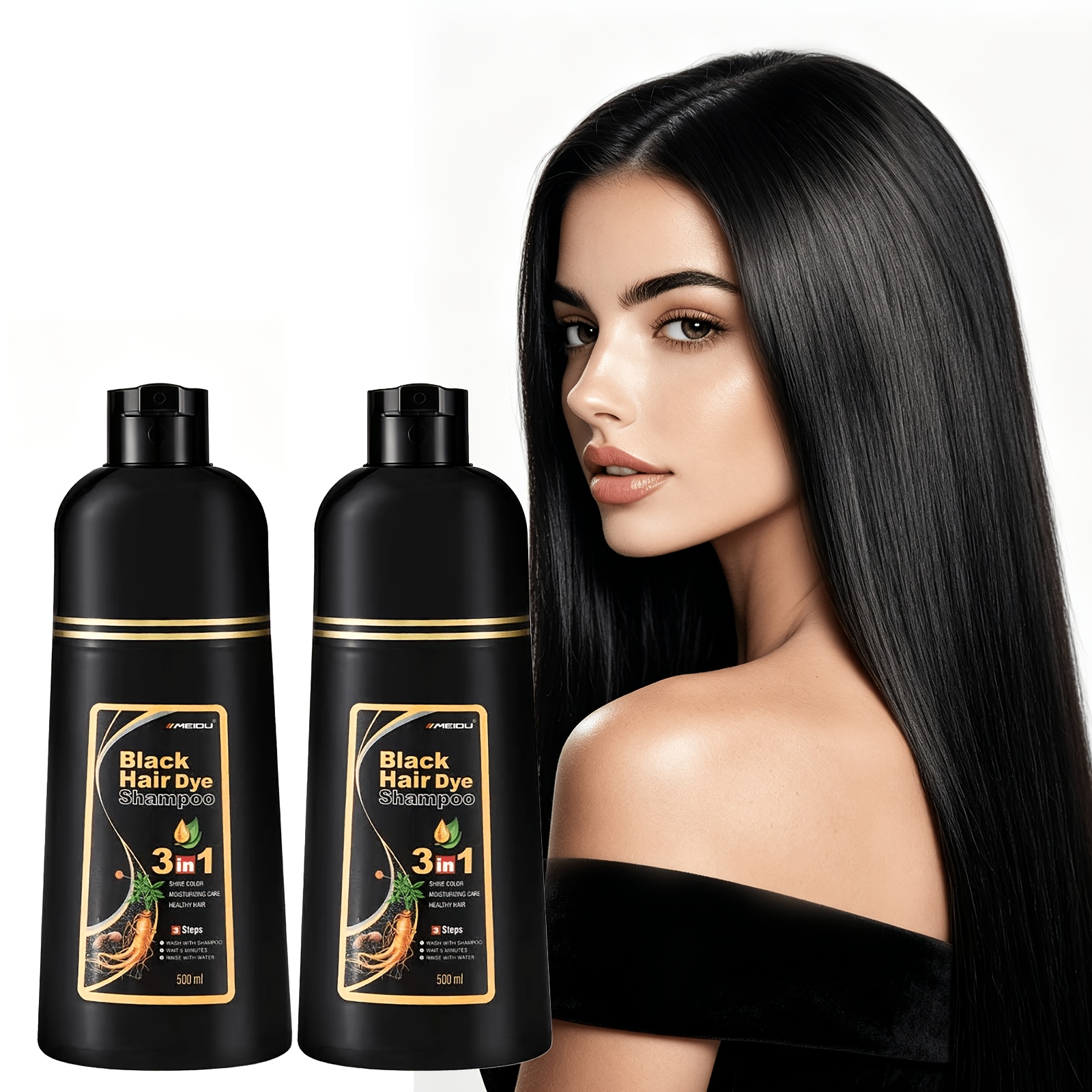 Image of Meidu 2pcs Black Hair Color Shampoo For Gray Hair, Instant Hair Dye Shampoo, Hair Coloring In Minutes, Natural And Long-, Hair Dye Shampoo For Men And Women, 500ml*2