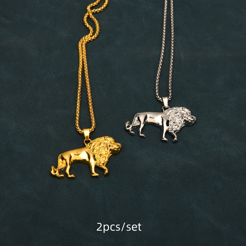 

2pcs/set Muscular Man Accessories Golden Lion Animal Pendant Necklace Personalized Design Motorcycle Stainless Steel Jewelry Gift