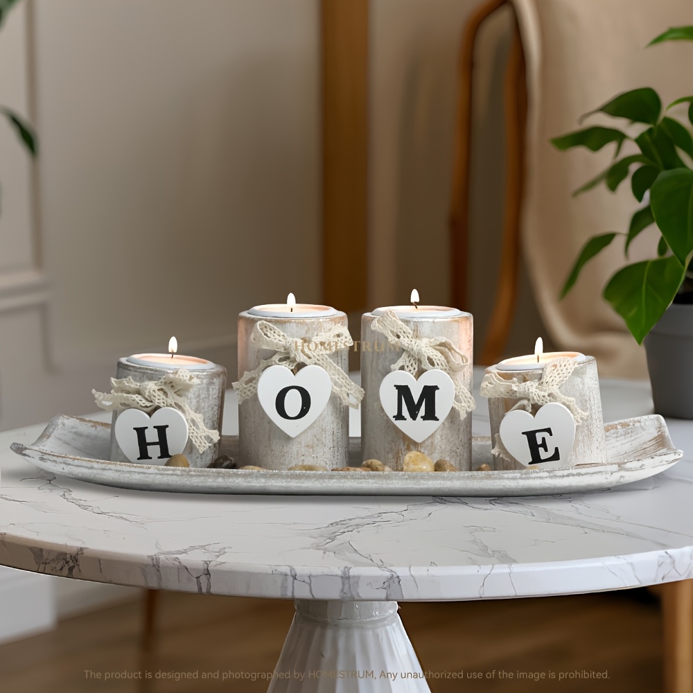 E-shop Holz-„HOME“ Kerzenhalter, Teelampe Kerzenständer Set, Juteseil Schleifendekoration Dekorative Steine, für Wohnkultur Geschenke, Landhausdekor,