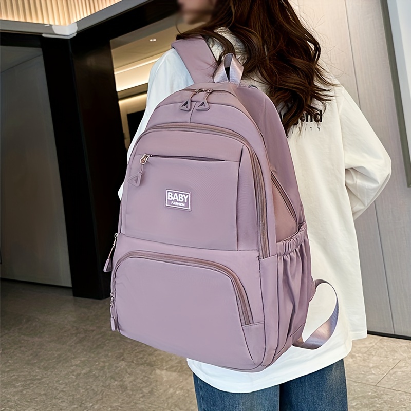 

Letter Patch Decor Backpack - , Large Capacity, Multi-compartment Travel & School Bag In Pink/purple, Nylon, Tsa- Laptop Backpack With Clean, Non-waterproof