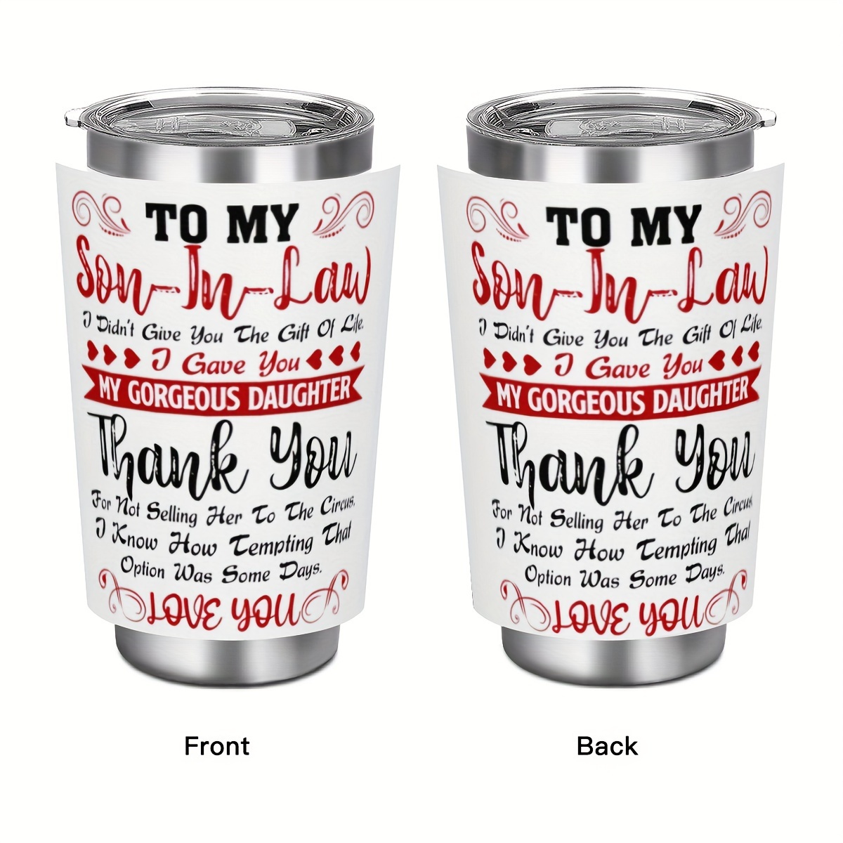 

1pc 20oz Son-in-law Appreciation Insulated Tumbler With Lid, 304 Stainless Steel Travel Mug, Engraved Thank You Message, Vacuum-sealed Drinkware, Hot And Cold Beverage Container, Gift For Family