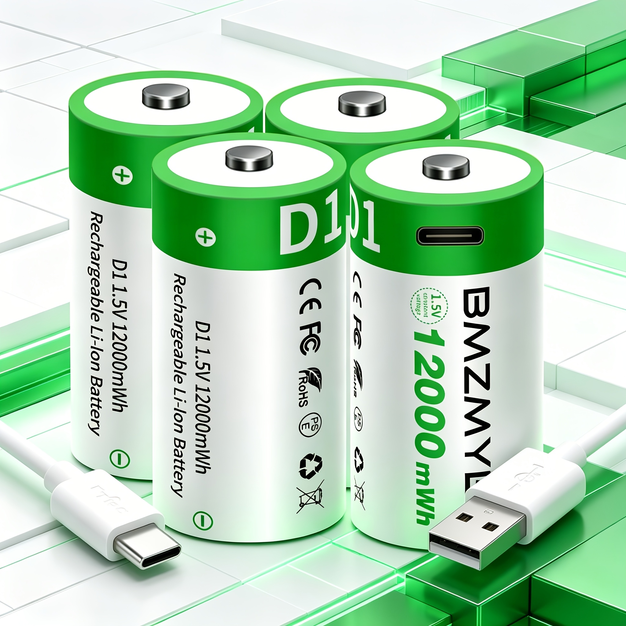 TEMU [Batterie D Rechargeable] 4pcs Batterie D, Batterie D Rechargeable USB/Type-C, Batterie Lithium Ion Rechargeable Haute Capacité 1,5V 8000mAh