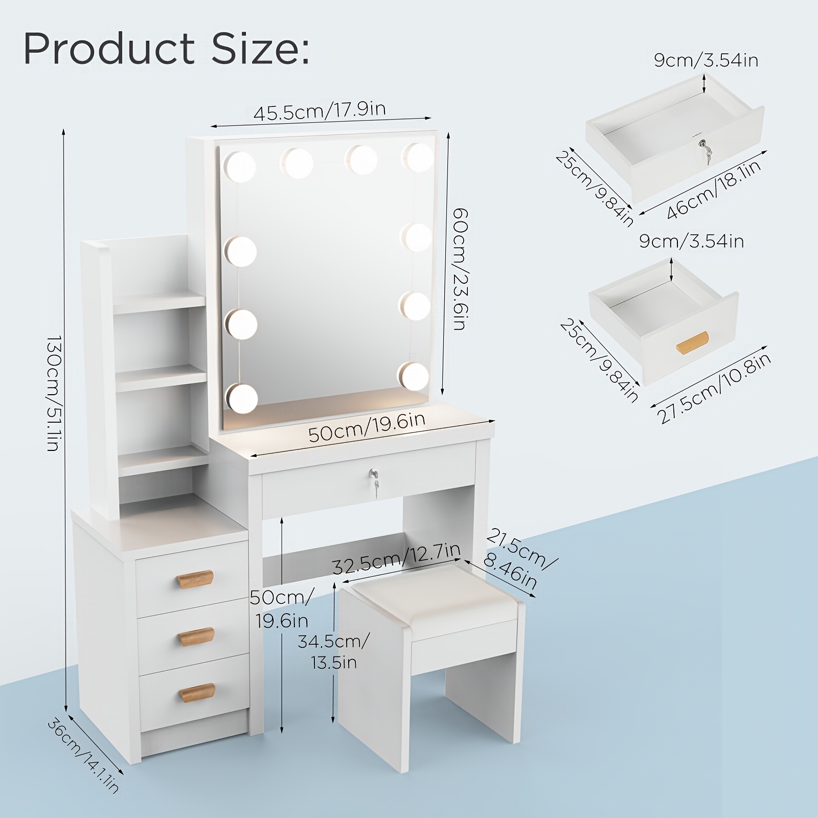 Dressing Table With Mirror And Stool, White Makeup Vanity Desk Dressing Table With Drawers, Open Shelves Bedroom Dressing Tables With 10 Led Lights Adjustable Brightness