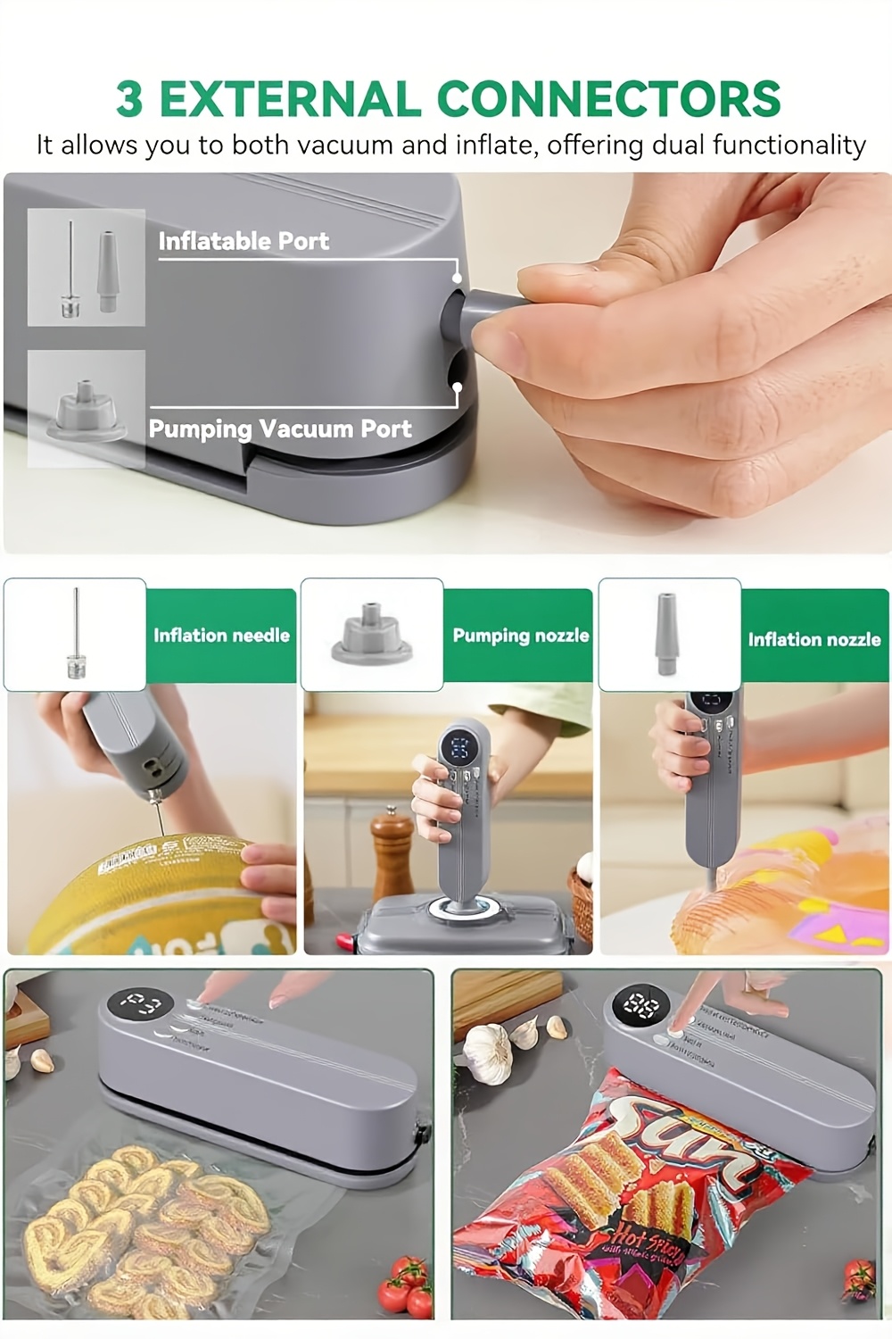 Sellador al vacío inalámbrico compacto portátil para alimentos, sellador de conservación de alimentos ligero, cuerpo fácil de colocar y transportar, sin necesidad de bolsas selectivas, sellado rápido con un botón. Aislamiento de aire a prueba de polvo y humedad, que previene la oxidación y la descomposición de los alimentos