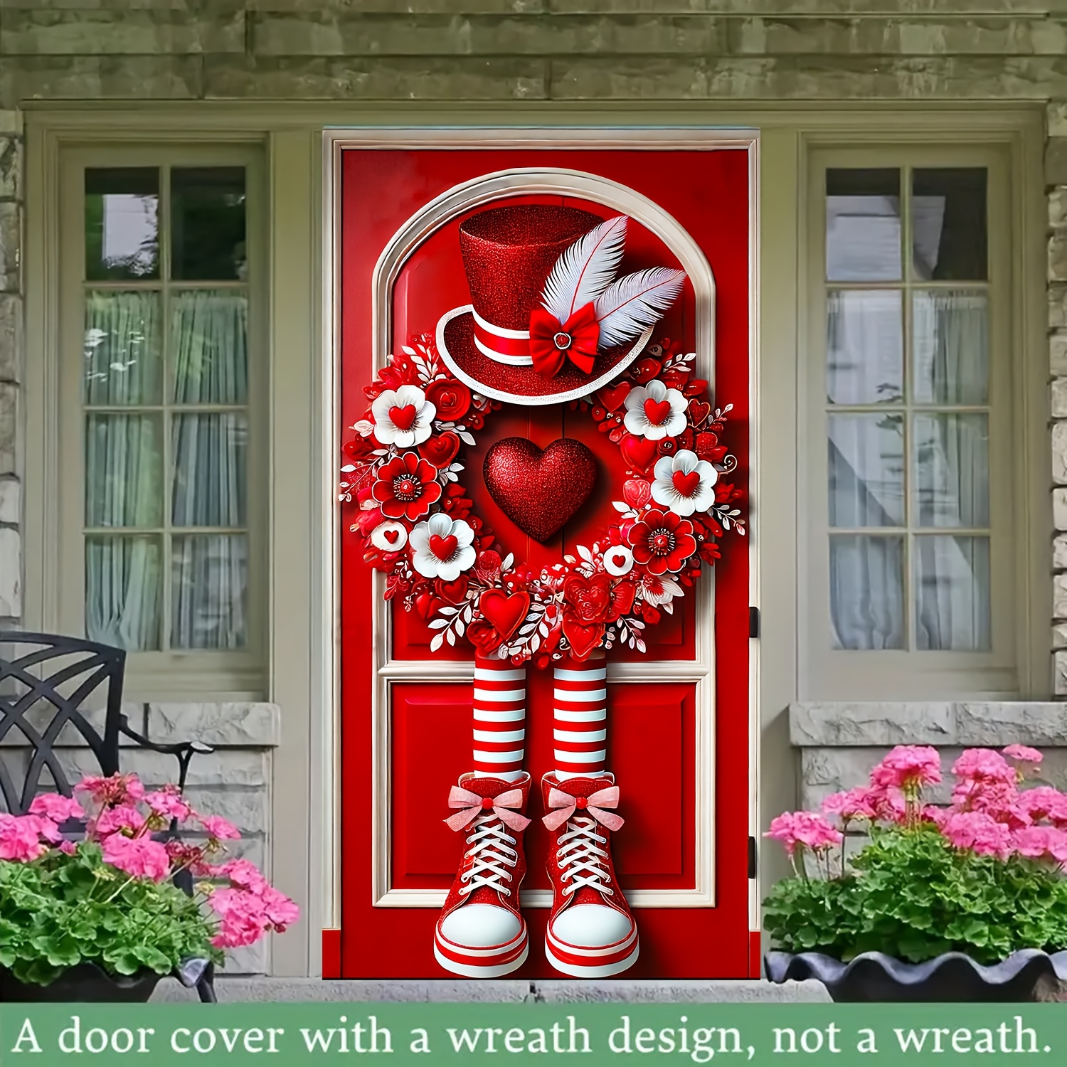 

Valentine's Day Red Heart & Floral Wreath Door Cover - 35.4x70.8 Inches, Polyester, No Power Needed - Home Entrance & Room Decor