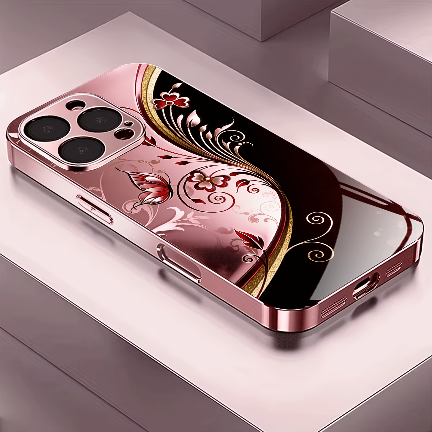 TEMU Phone Case: Pattern Light Luxury Electroplated Pink Tempered Glass Phone Case, Suitable For Iphone 17/17 Pro/17 Pro Max/16/16 Plus/16 Pro/16 Pro