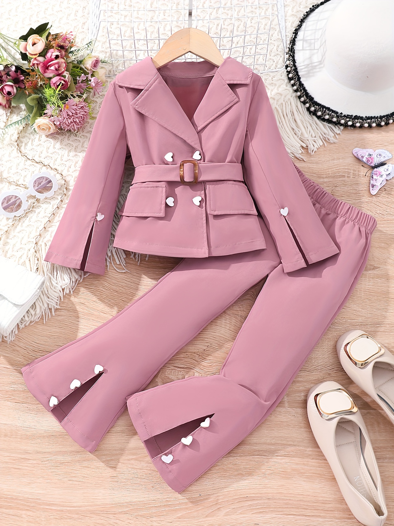 2pcs Toddler Girl Colorblock Splice Halter Rompers and Lapel Collar Pink Jacket Set