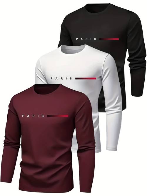 3 pack mens long sleeve t shirts breathable and quick drying crew neck medium stretch printed regular fit ideal for gym workouts morning runs outdoor activities comfortable everyday wear