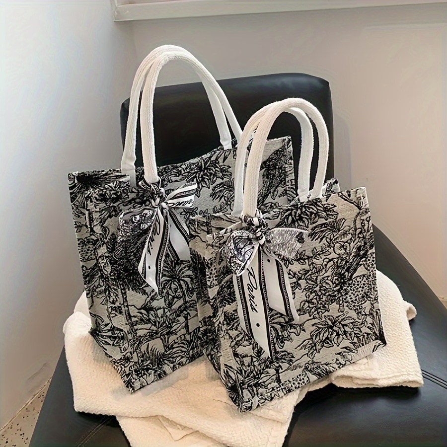 

Sac Fourre-Tout Élégant Noir à Motif Floral pour Femme, Grand Sac à Main avec Bretelles Fixes et Fermeture à Bouton, Design Rétro Chic pour un