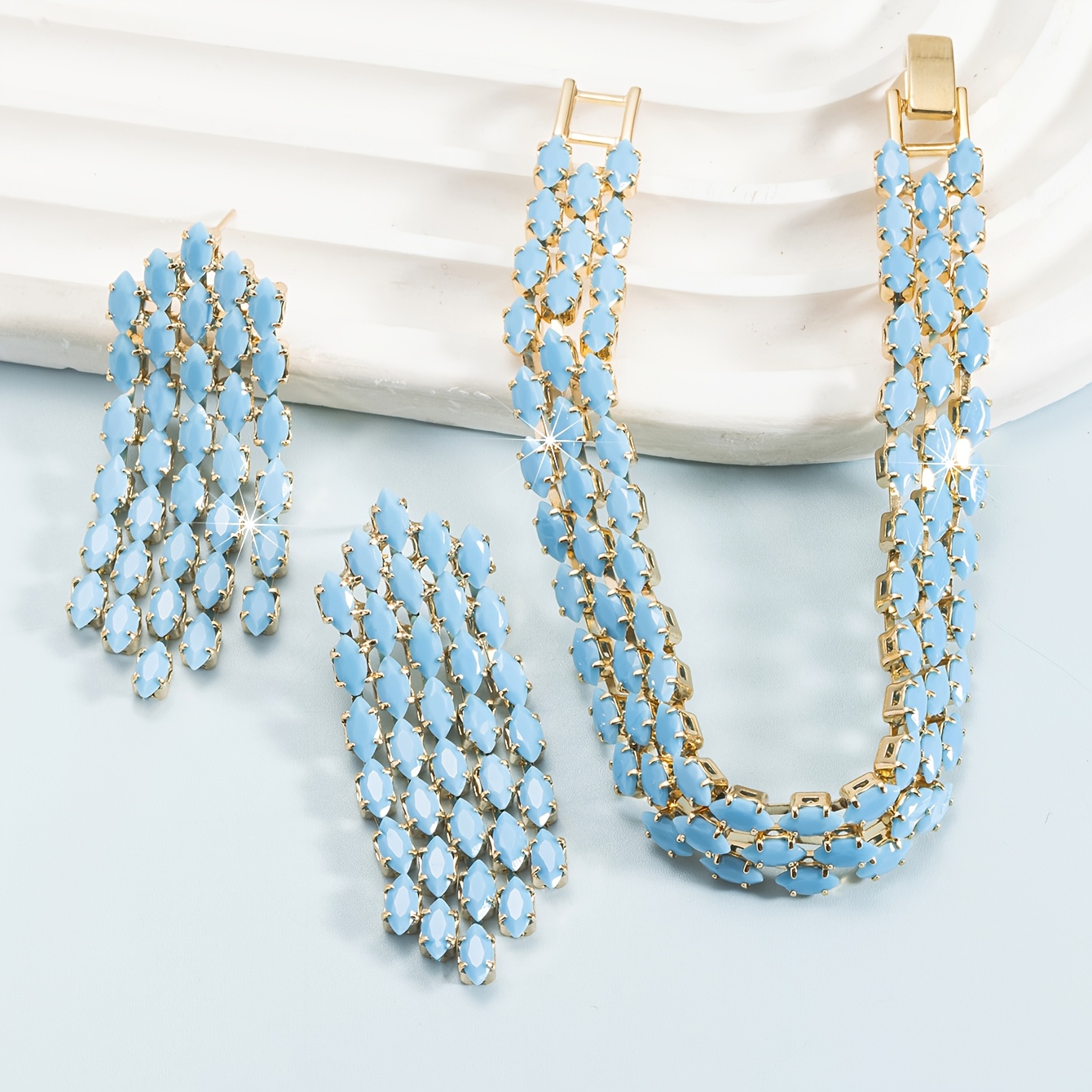 TEMU 3pcs Luxury Elegant Women's Jewelry Set: 1pc Multi-colored Marquise Synthetic Synthetic Zirconia 3-row Chain Bracelet, Plus A Pair Of Matching