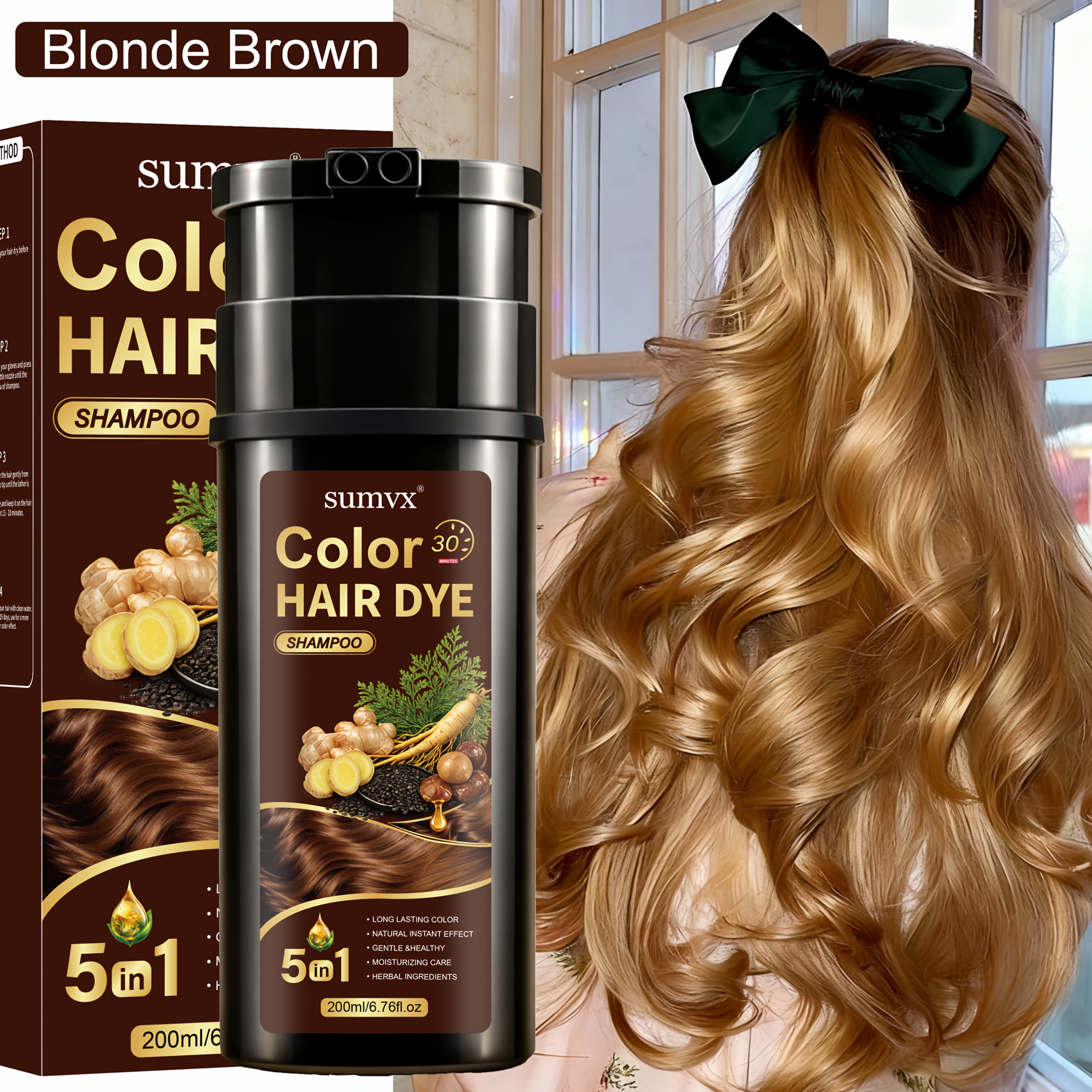 Image of Ginger And Ginseng Hair Dye Shampoo, Plant-based Ingredients, Moisturizes And Hydrates, Leaves Hair Smooth And Shiny, Gently Dyes Hair, Low Irritation, Covers Gray Hair, Suitable For All Hair Types