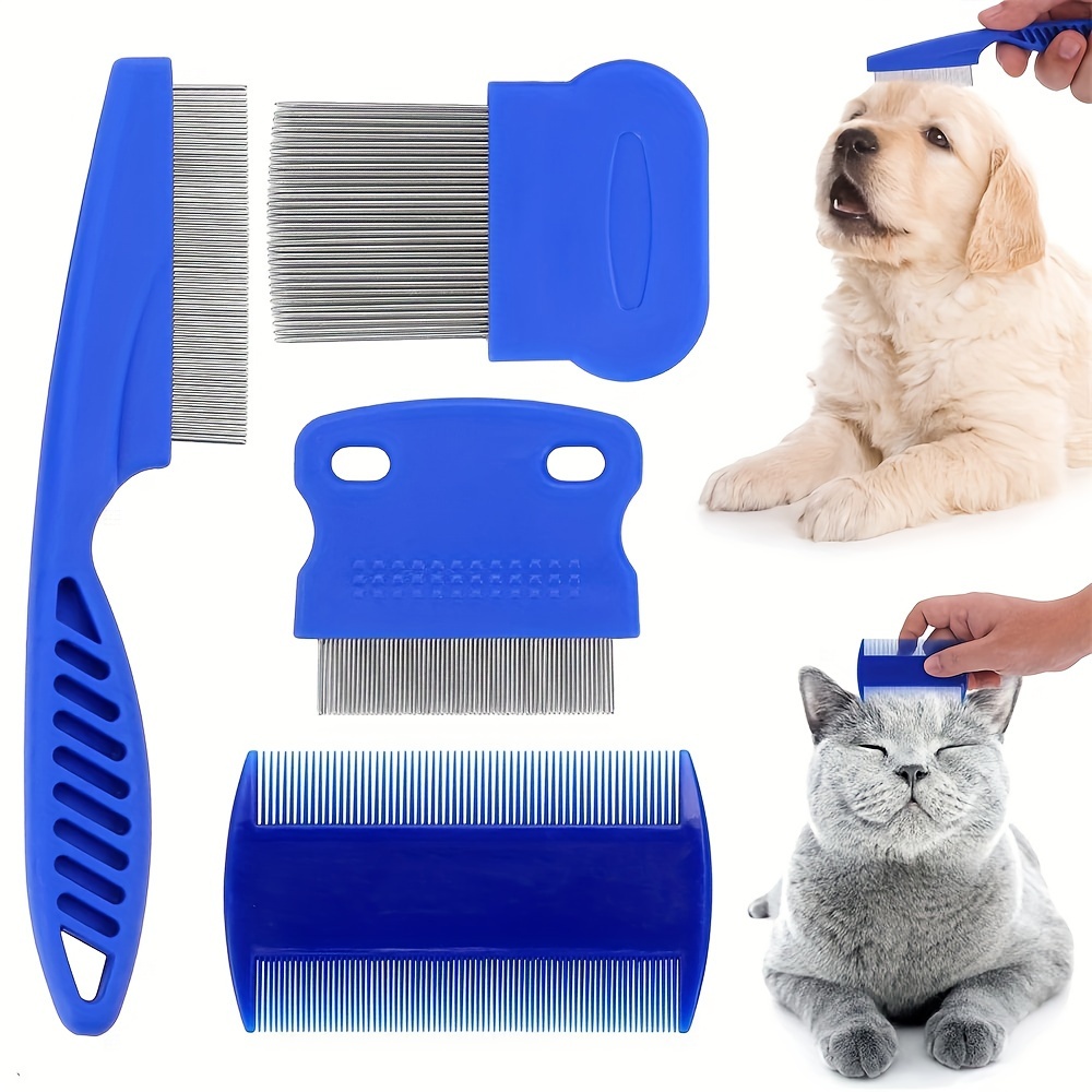 

4-piece Flea Lice Comb, Stainless Steel Dog And Cat Grooming Comb, Round Teeth, Double-sided Professional Pet Tear Stain Remover For Small, Medium And Large Pets