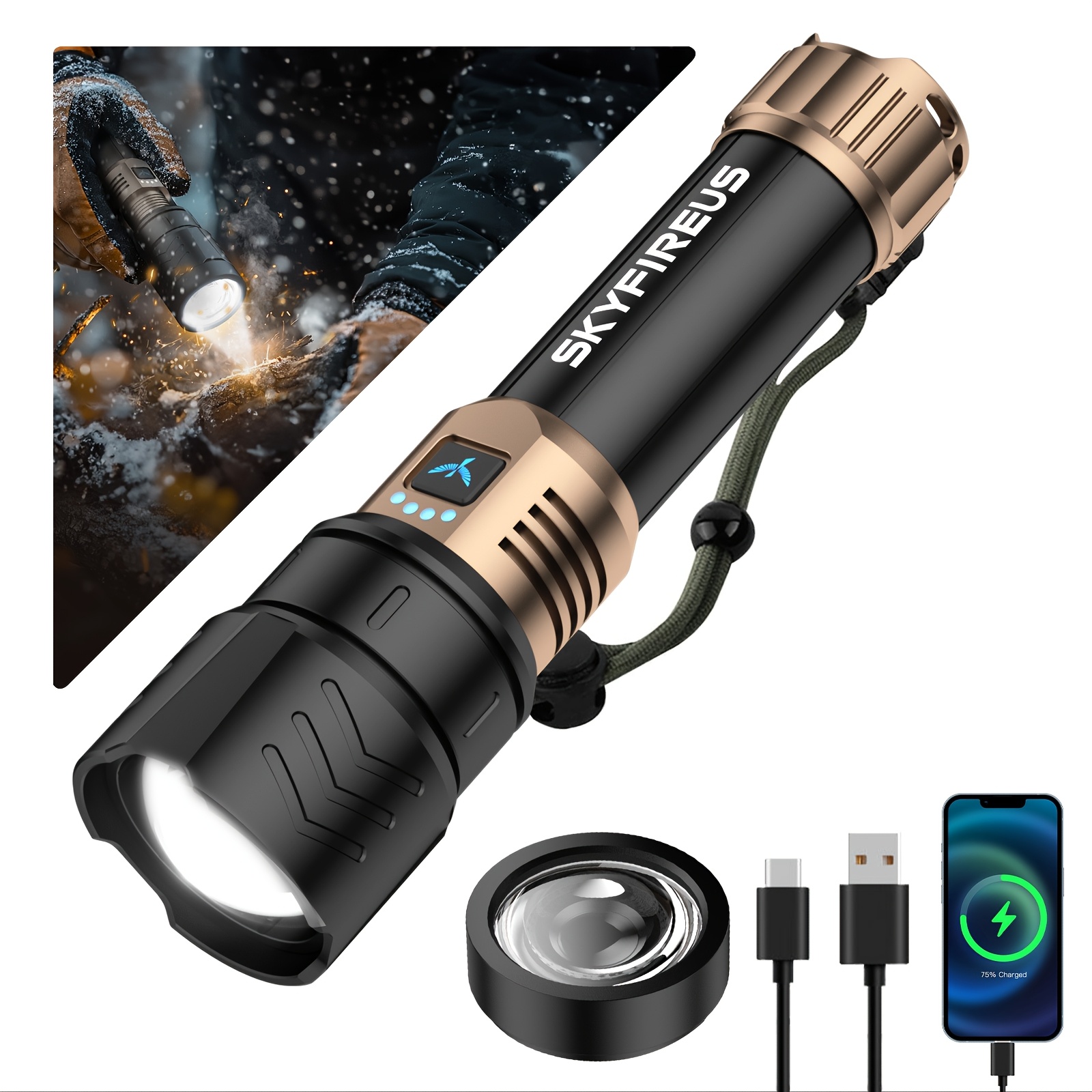 TEMU Skyfire Led Flashlight High , Rechargeable Flashlight With Ignition Lens, , 4 , Flash Light For Camping Essentials, Outdoor, Home