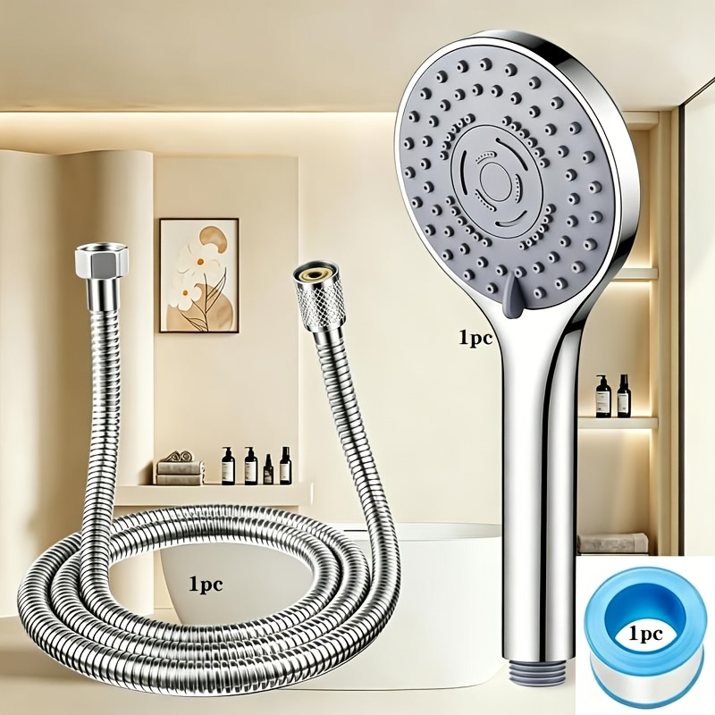 TEMU 2.0m Extended Silvery Pipe Five-speed Adjustable Booster Shower Large Water Outlet Mode Handheld Shower Head High-end Bathroom Shower Set With
