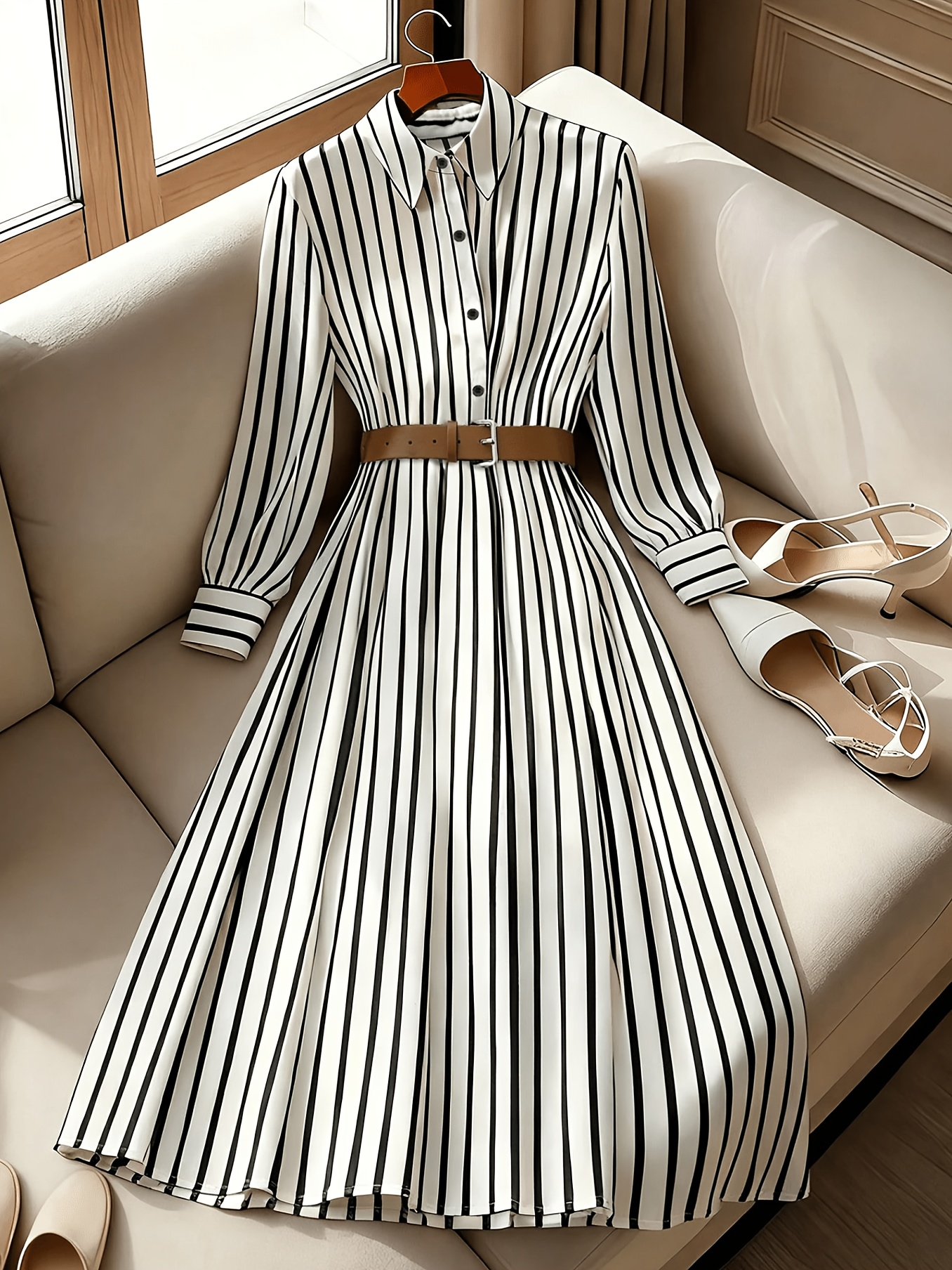 Womens Elegant Stylish Striped Lapel Belted Half Open Front