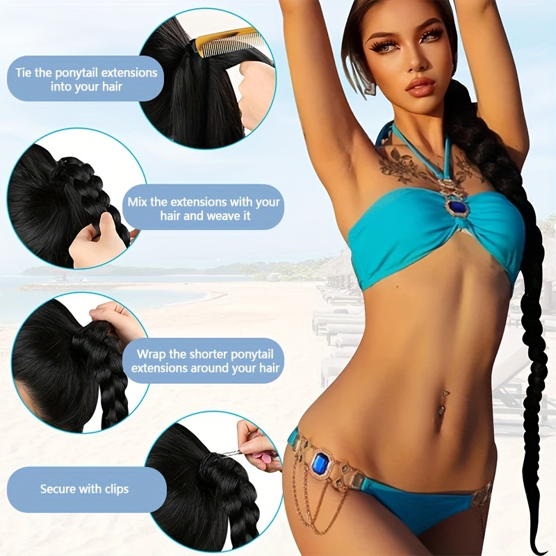a 34 inch long braided ponytail hair extension with elastic band for a straight and smooth wrapped ponytail diy hairstyle details 8