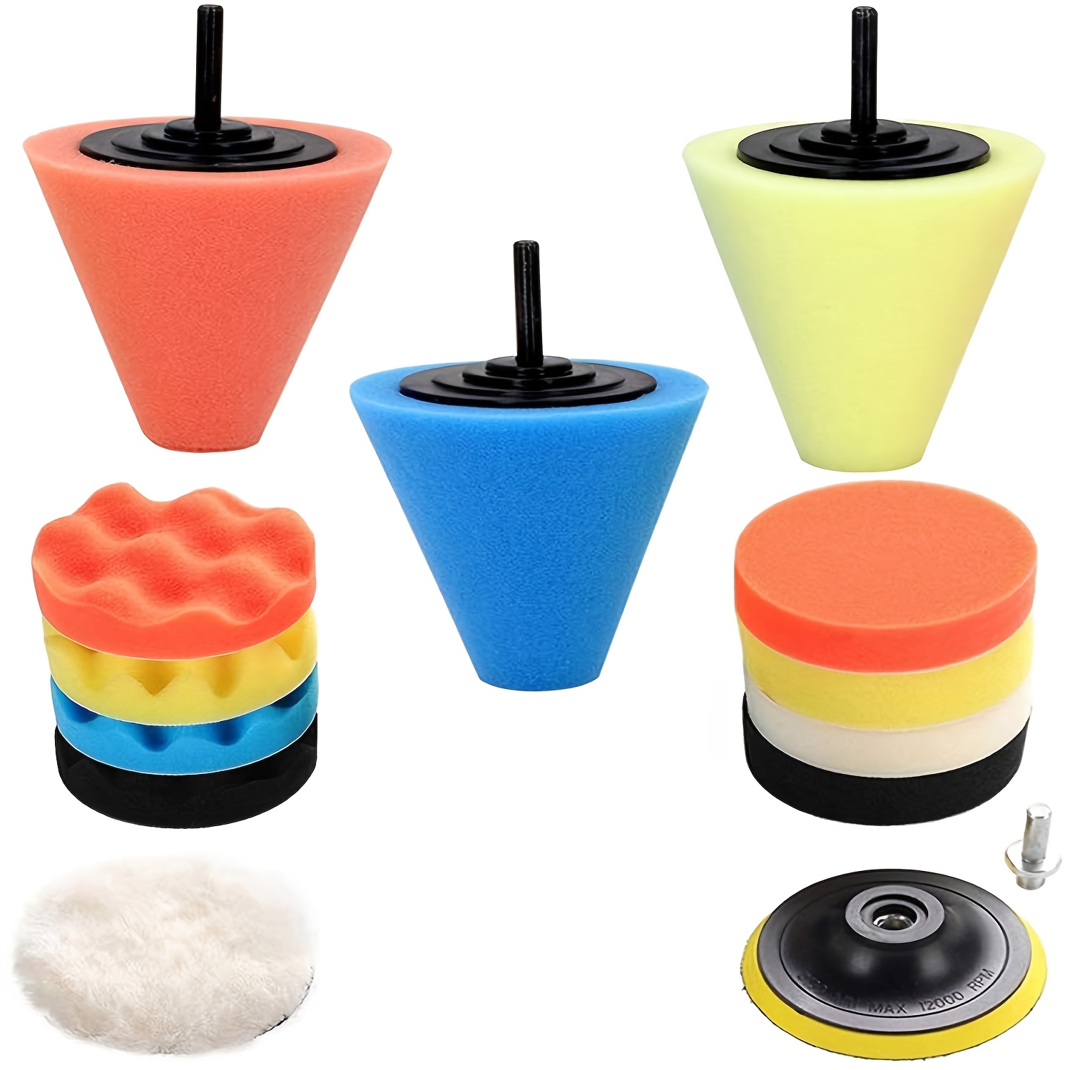 TEMU 14pcs 3-inch Tapered Sponge Polishing Pad Set, Buffer And Polisher Kit For Drilling, For Car Wheel Care, Metal, Plastic, Ceramic, And Glass
