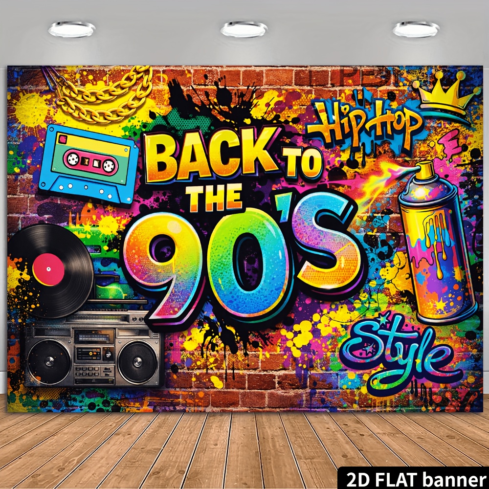 TEMU 2d Flat Retro 90s Hip Hop Party Banner, Back To The 90s Hip Hop Style, Includes Tape, Vinyl Record, Retro Cassette Player, , Crown, Spray Can