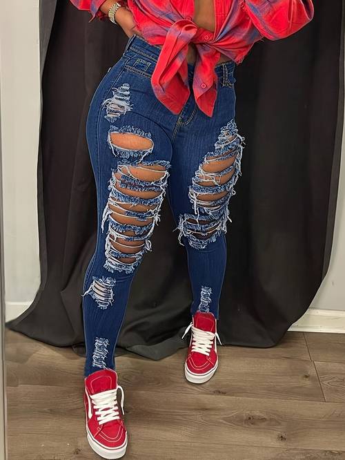 womens high waist fit ripped skinny jeans stretch denim casual distressed look blue denim pants for casual attire