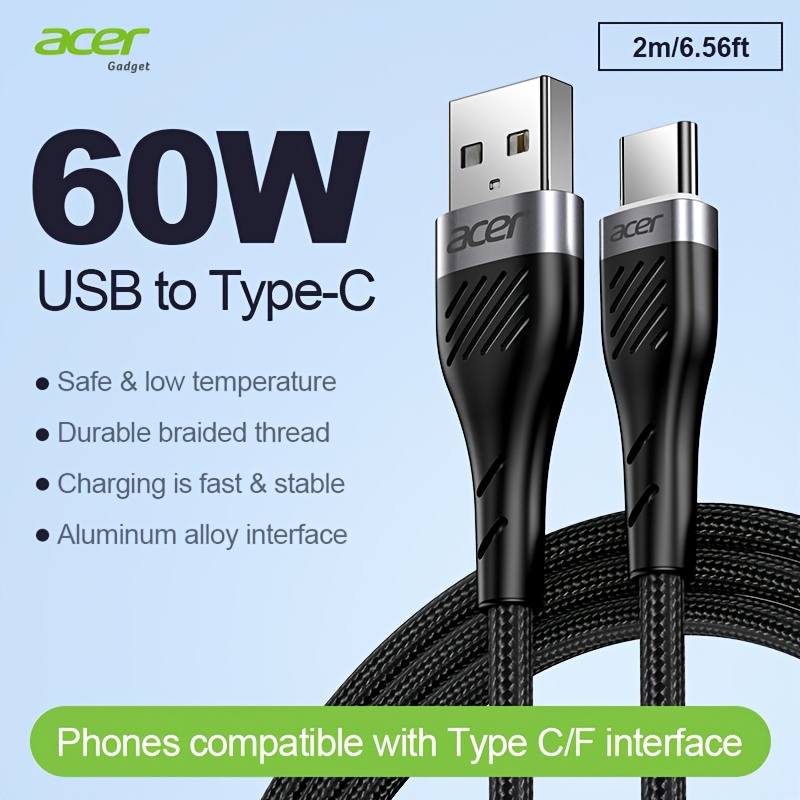 Image of Acer Usb-c Data Cable, 60w Fast Charging Usb To Type-c Cable, 3a Nylon Braided Charger Cable, Of Charging And 480mbps Data Transfer, Compatible With Iphone, , Pixel, Ipad, Laptops, And More