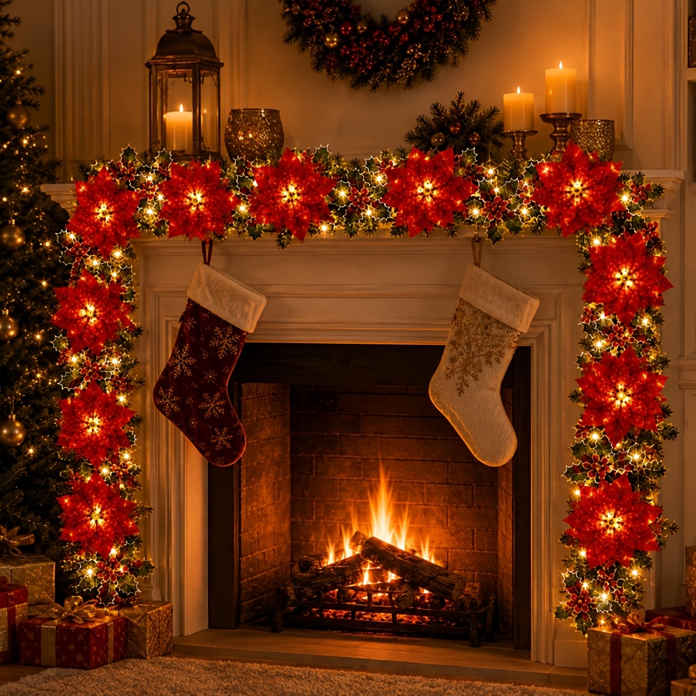 TEMU 1 guirlande de Noël illuminée en de Bethléem, 1pc, à piles, LED blanc chaud, guirlande lumineuse à fleurs rouges avec feuilles de houx et ,