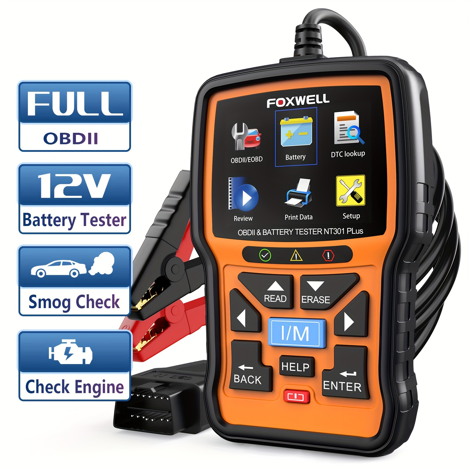 

Foxwell Nt301 Obd2 Battery Tester 12v, 4 In1 Obd Diagnostic Tool -2000 Cca Battery Cranking Charging Tester Car Tool