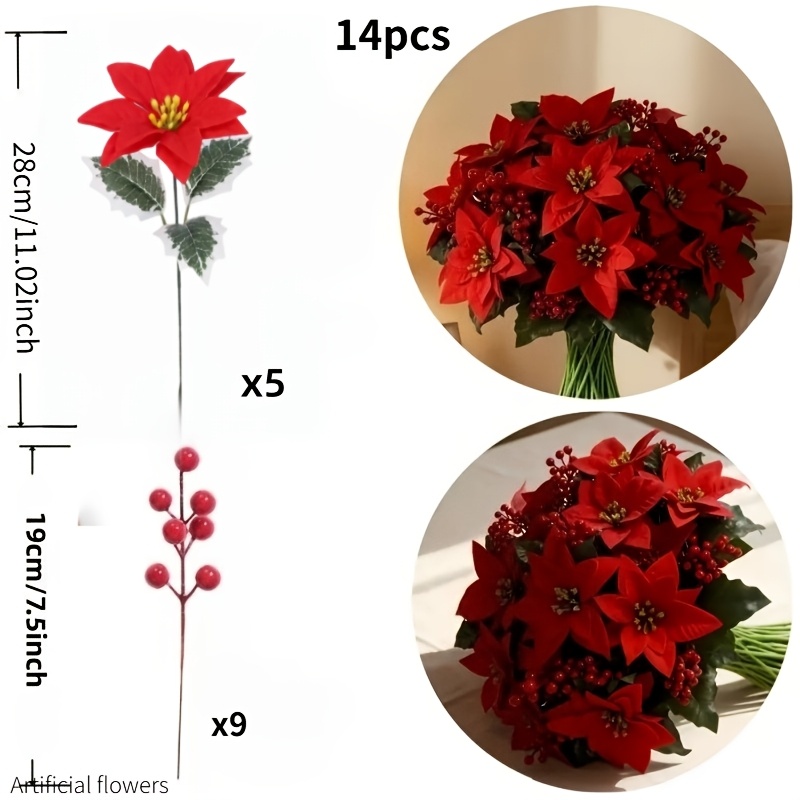 TEMU 14pcs Christmas Decorations (5pcs Poinsettias And 9pcs Berries) - Decorative Flowers With Green Leaves, Durable And Maintenance-free Material,