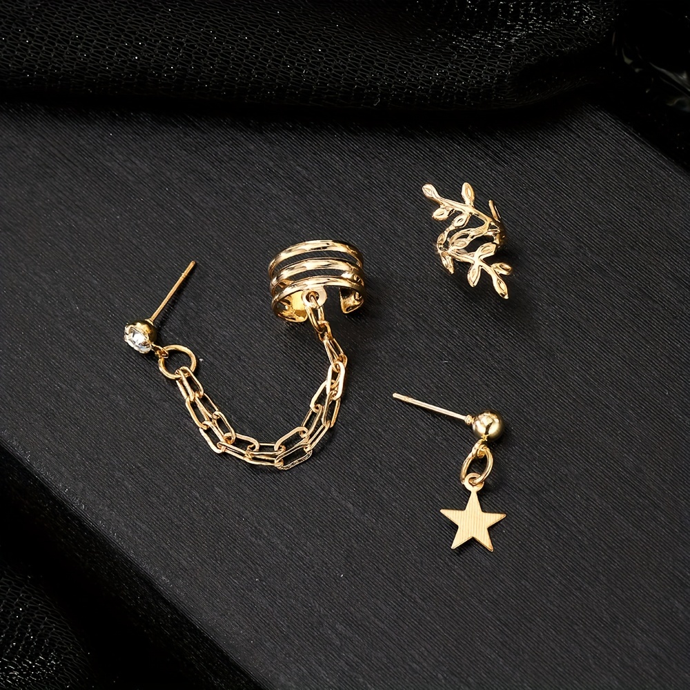 3pcs Star Chain Leaf Clip-On Earrings Set for Women