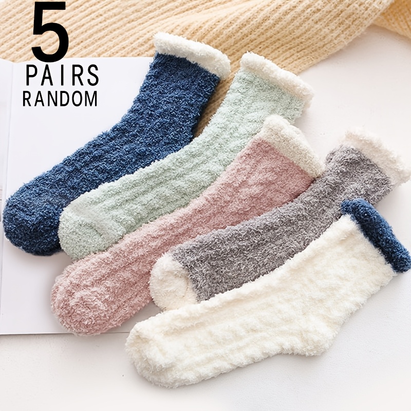 Image of 5/10 Pair Random Color Women's Medium-length Socks - Thickened Thermal Coral Cute Fluffy Socks