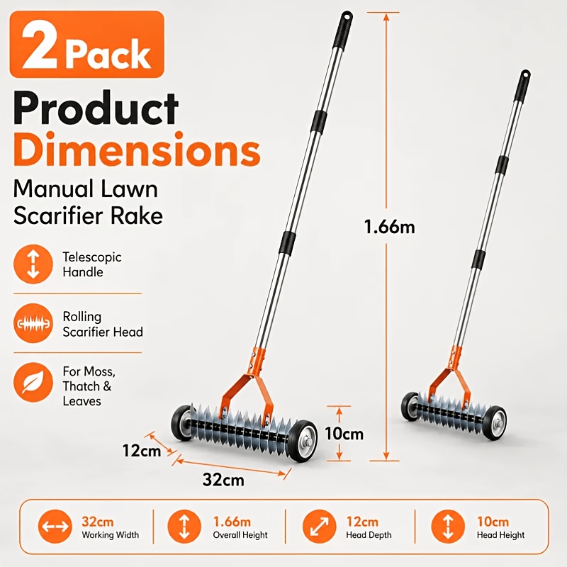 2 Pack Manual Lawn Scarifier Rake, 32cm Rolling Lawn Aerator With Telescopic Handle, Garden Thatch Remover Moss Remover Tool For Lawn Care, Leaves, Dead Grass And Soil Aeration