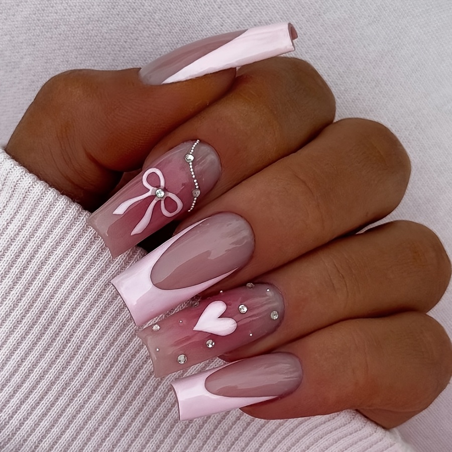 Image of 's Day -style Sweet Heart Chain With Sparkling Rhinestones And Bow, Perfect For Cute Nail Art, Detachable And Reusable