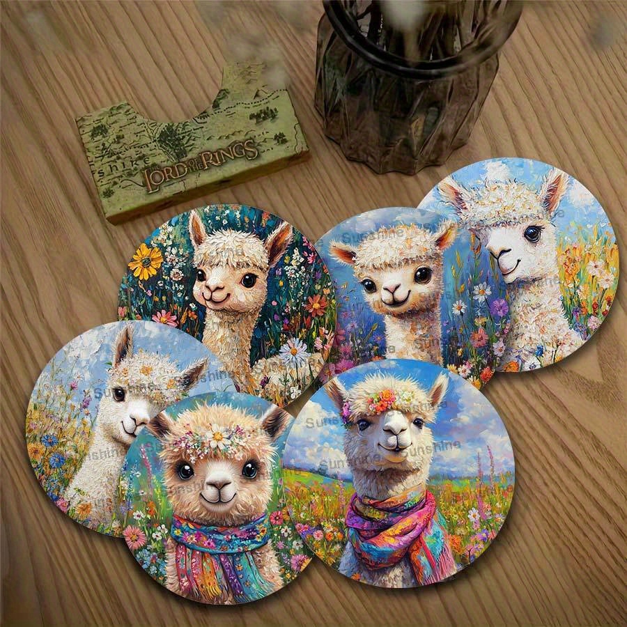 TEMU 6pcs Set Of Alpaca Wooden Coasters, Heat-resistant Drink Mats, Desktop Protection Decor, Non-slip Wooden Coasters, Suitable For Gifts