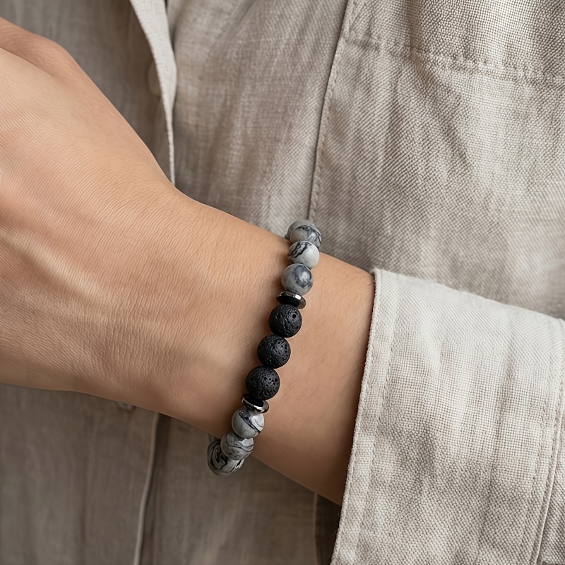Image of Natural Stone Bracelet, , Map Stone Jasper & Black Stone Handcrafted Beads, Fear Relief, Vintage Design, Simple And Unique Jewelry Accessory, Suitable For Daily Wear And Gifting, Valentine's Day Gift