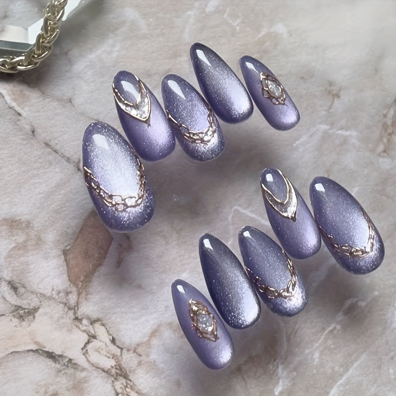 

24pcs Set Of Glossy Purple Cat Eye Press-on Nails - Short Shape, Metallic , Easy To Apply & Remove - Fall/winter, Purple, Cat Eye, Metal, , Removable, Nail Art